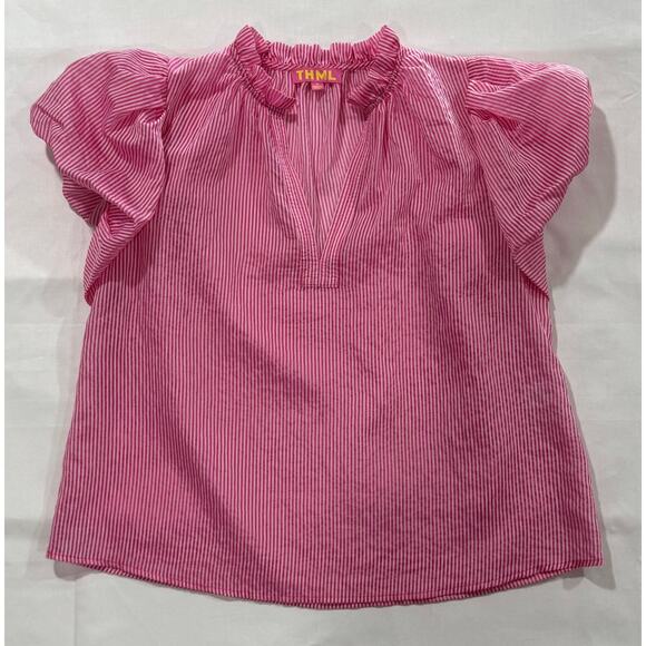 THML Women's Top Pink & White Stripe Puff Sleeves Ruffle Neck Size Medium (062) - Picture 1 of 10